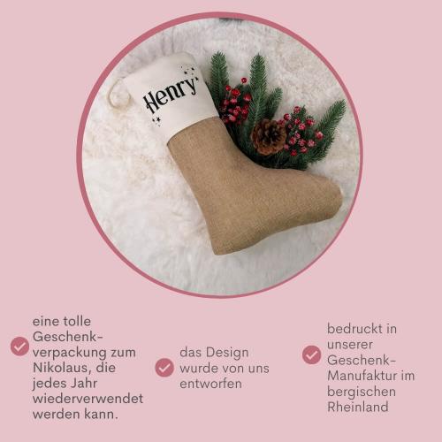 Nikolausstrumpf mit Wunschname, weihnachtliche Schrift, Weihnachtssocke mit Personalisierung aus Baumwolle und Jute, Produktbild