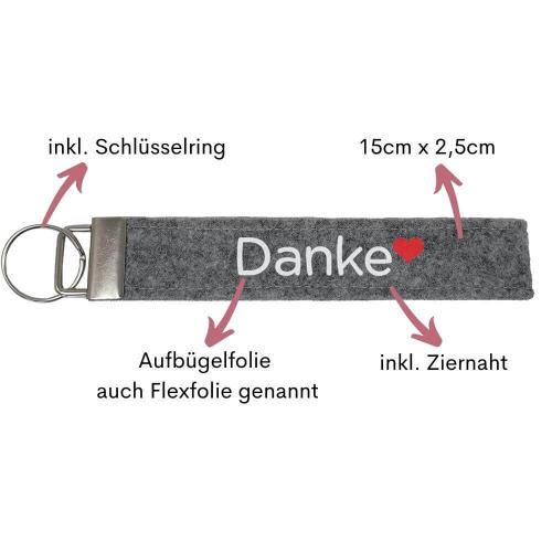 Schlüsselanhänger aus Filz veredelt mit dem Wort "Danke", Farbe: hellgrau, inkl. Anhänger und Schlüsselring, Personalisierung möglich, Besonderheiten auf einen Blick