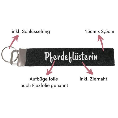 Schlüsselanhänger aus Filz veredelt mit dem Wort "Pferdeflüsterin", Farbe: dunkelgrau, inkl. Anhänger und Schlüsselring, Personalisierung möglich, Besonderheiten auf einen Blick