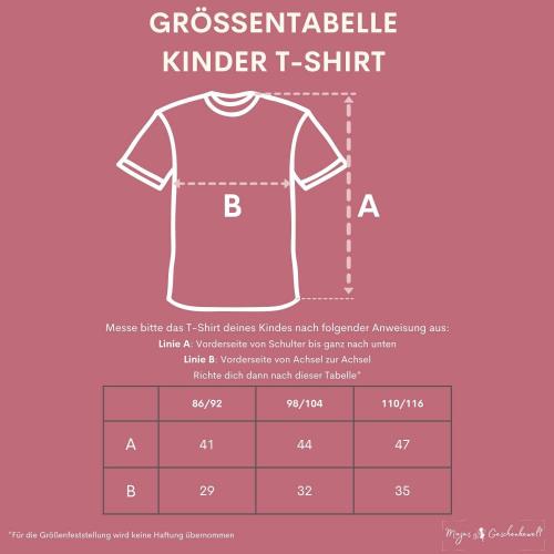T-Shirt Dino mit Spruch: Ich rocke jetzt den Kindergarten, 100% Baumwolle, Größentabelle