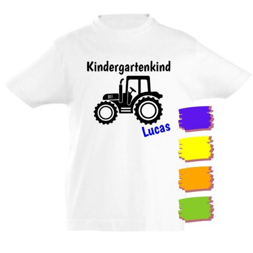 T-Shirt Kindergartenkind mit Traktor und Name, 100% Baumwolle, verschiedene Schriftfarben, Cover
