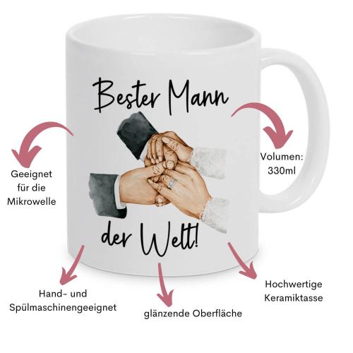 Weiße Tasse mit Schriftzug Bester Mann der Welt, beidseitig bedruckt, mit 2 Händen im Braut- und Bräutigam-Style, ca. 330 ml Volumen, Spülmaschinen- und Mikrowellengeeignet, Besonderheiten auf einen Blick