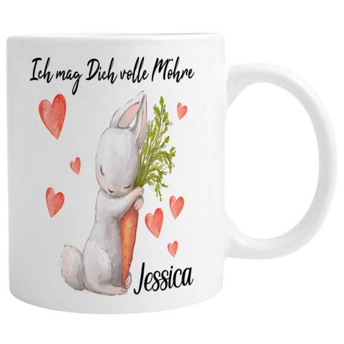 Tasse "Ich mag dich volle Möhre", Geschenk zu Ostern, inkl. Personalisierung, Variante: rote Herzen