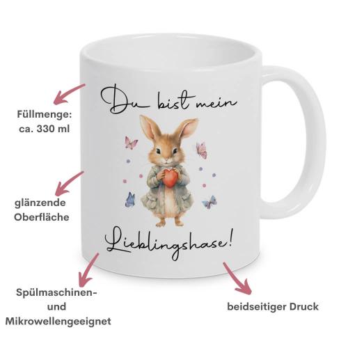 Weiße Tasse "Lieblingshase" mit niedlichem Hasenmotiv, 330 ml Füllvolumen, beidseitiger Druck, Spülmaschinengeeignet, mikrowellengeeignet, Besonderheiten