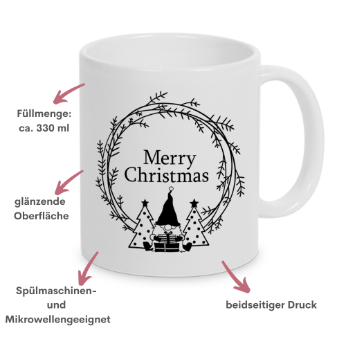 Weiße Tasse mit weihnachtlichem Design und Merry Christmas und Wichtel, 330 ml Füllvolumen, Besonderheiten