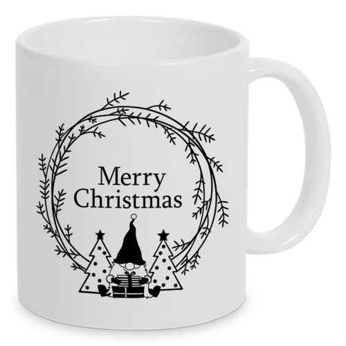 Weiße Tasse mit weihnachtlichem Design und Merry Christmas und Wichtel, 330 ml Füllvolumen