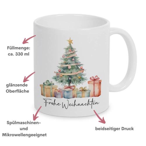 Weiße Tasse mit weihnachtlichem Watercolor-Design und Frohe Weihnachten, 330 ml Füllvolumen, Besonderheiten