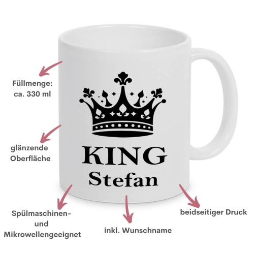 2 weiße Tasse mit Aufdruck King und Queen, inkl. Personalisierung, Füllmenge: je ca. 330 ml, spülmaschinengeeignet, Besonderheiten King