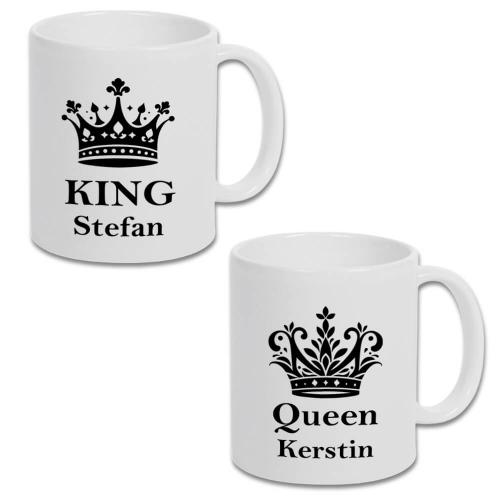2 weiße Tasse mit Aufdruck King und Queen, inkl. Personalisierung, Füllmenge: je ca. 330 ml, spülmaschinengeeignet, Cover