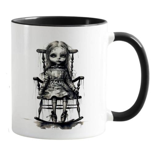 Zweifarbige Tasse zu Halloween, Horrorpuppe und Spruch: Hast du Lust zu spielen? Beidseitig bedruckt, schwarz-weiß glänzend, Füllmenge: ca. 330 ml, Spülmaschinen- und Mikrowellengeeigent, Vorderseite