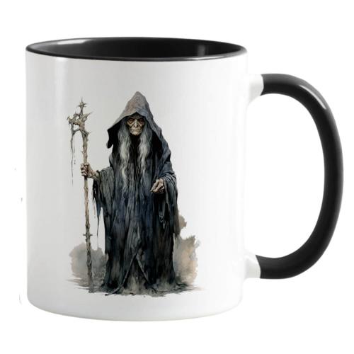 Zweifarbige Tasse zu Halloween, Sensenmann und Spruch: Lächle! Du kannst sie nicht alle töten, beidseitig bedruckt, schwarz-weiß glänzend, Füllmenge: ca. 330 ml, Spülmaschinen- und Mikrowellengeeigent, Vorderseite