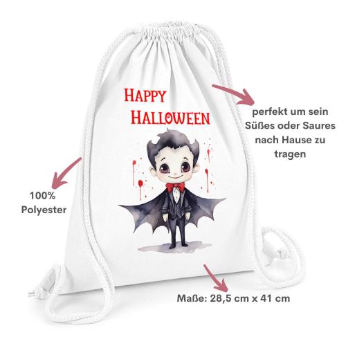 Turnbeutel für Halloween mit Dracula und Schriftzug Happy Halloween, Größe: 28,5 cm x 41 cm, Besonderheiten