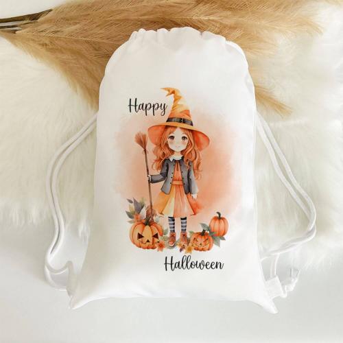 Turnbeutel für Halloween mit Hexe und Schriftzug Happy Halloween, Größe: 28,5 cm x 41 cm, Beispiel