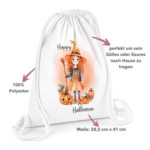 Turnbeutel für Halloween mit Hexe und Schriftzug Happy Halloween, Größe: 28,5 cm x 41 cm, Besonderheiten