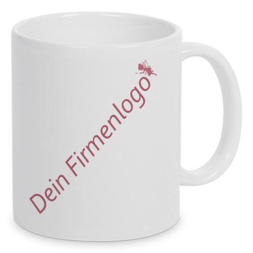 Hochwertige weiss-glänzende Keramiktasse mit Firmenlogo, Füllmenge ca. 330ml, beidseitiger Druck.