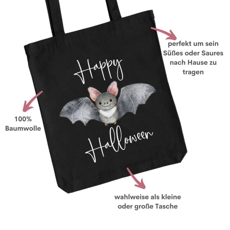 Baumwolltasche für Halloween mit niedlichem Fledermaus und Schriftzug Happy Halloween, Farbe: natur, Besonderheiten auf einen Blick