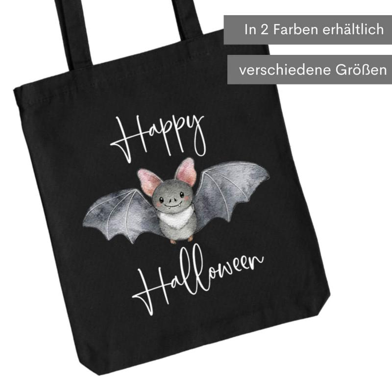 Baumwolltasche für Halloween mit niedlichem Fledermaus und Schriftzug Happy Halloween, in 2 verschiedenen Größen erhältlich