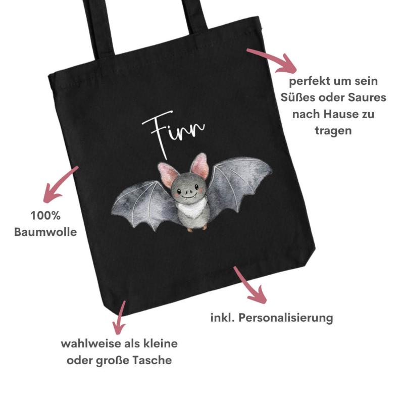 Baumwolltasche für Halloween mit süße Fledermaus und Wunschname. In 2 verschiedenen Größen erhältlich. Farbe: schwarz, Beispiel Junge