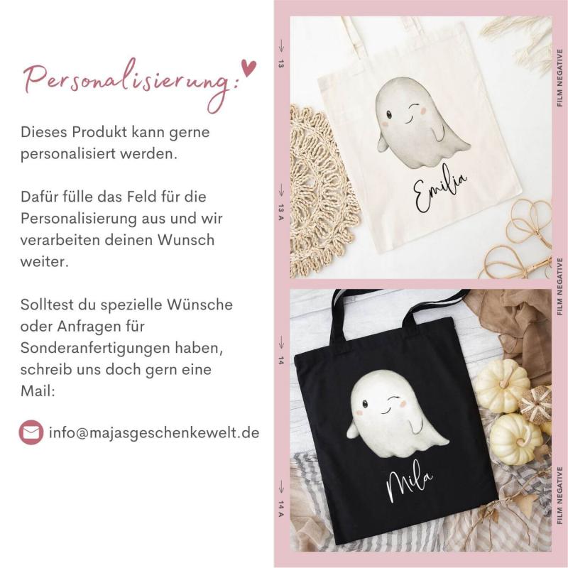 Baumwolltasche für Halloween mit niedlichem Gespenst und Wunschname. In 2 verschiedenen Größen erhältlich. Personalisierung