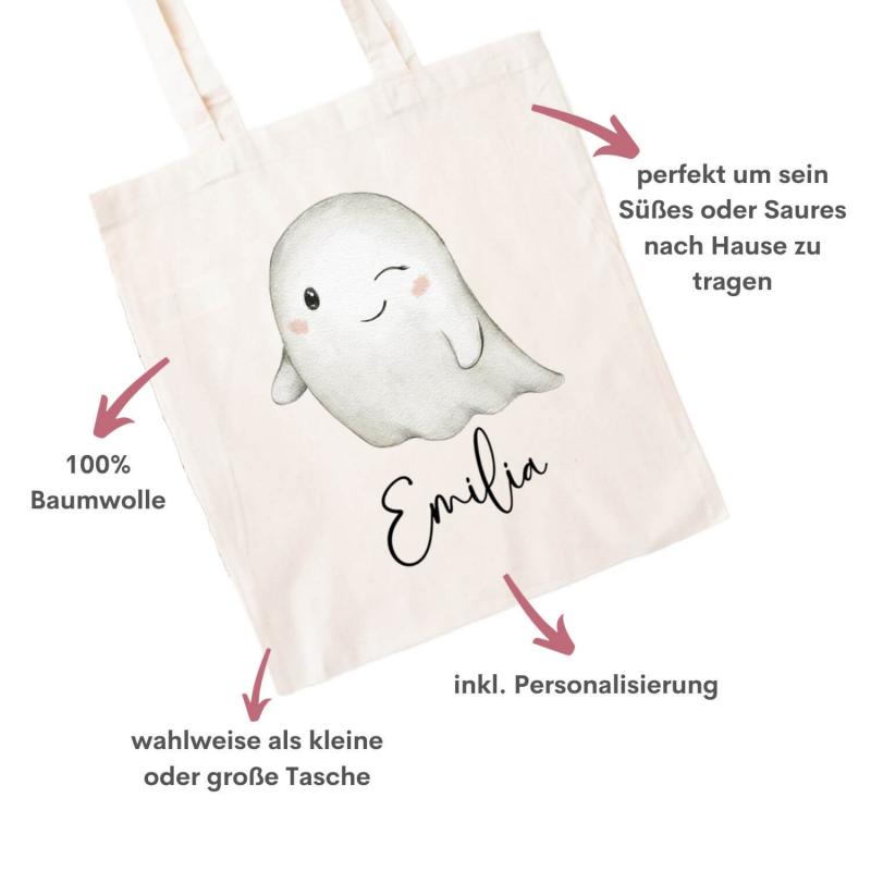 Baumwolltasche für Halloween mit niedlichem Gespenst und Wunschname. In 2 verschiedenen Größen erhältlich. Farbe: natur Besonderheiten auf einen Blick