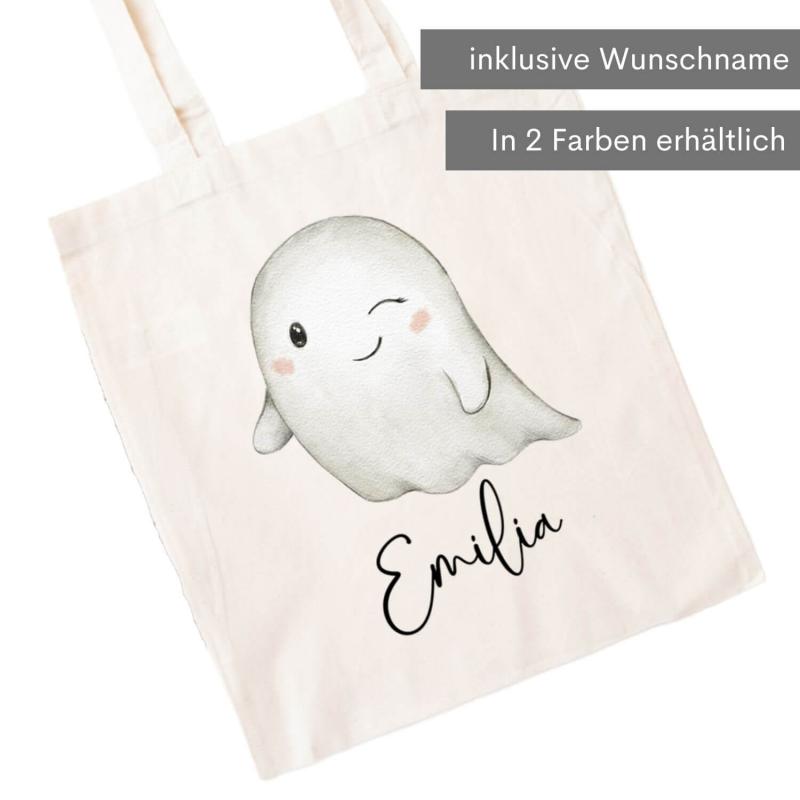 Baumwolltasche für Halloween mit niedlichem Gespenst und Wunschname. In 2 verschiedenen Größen erhältlich.