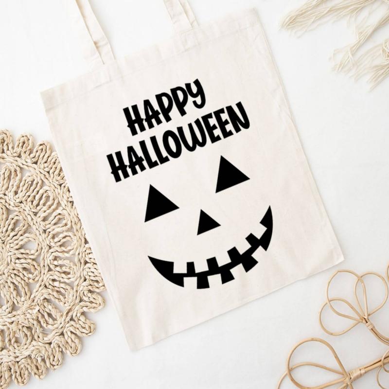 Baumwolltasche für Halloween, Happy Halloween und Kürbisgesicht, 2 verschiedene Größen und Farben, Personalisierung möglich, Beispiel: natur