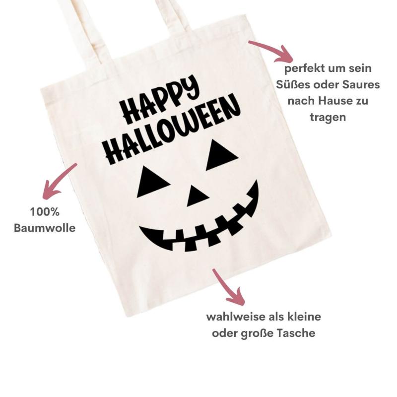 Baumwolltasche für Halloween, Happy Halloween und Kürbisgesicht, Farbe: natur, Personalisierung möglich, Besonderheiten auf einen Blick