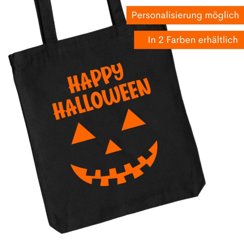 Baumwolltasche für Halloween, Happy Halloween und Kürbisgesicht, 2 verschiedene Größen und Farben, Personalisierung möglich, Cover