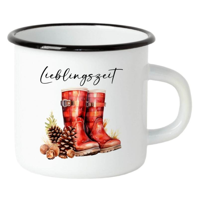 Emaille Tasse mit herbstlichen Design und Schriftzug Lieblingszeit, Füllmenge: ca. 300 ml, mit schwarzem Rand
