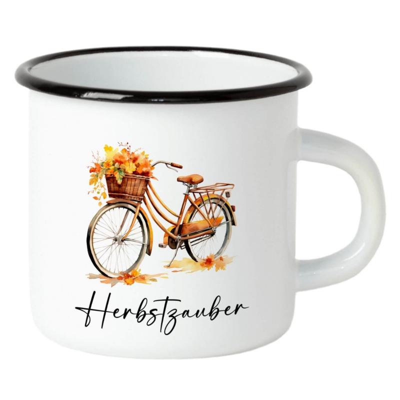 Emaille Tasse mit Herbstmotiv und Schriftzug Herbstzauber, Füllmenge: ca. 300 ml, mit schwarzem Rand