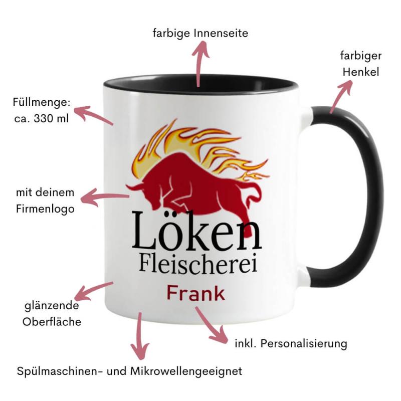 Firmentasse mit Logo und Personalisierung, in 4 Farben, Füllmenge: ca. 330 ml, Farbe: schwarz, Besonderheiten