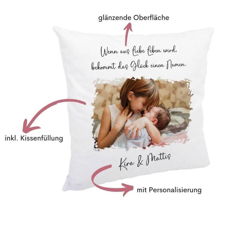 Fotokissen "Wenn aus Liebe Leben wird" inklusive Personalisierung, Größe: 40cm x 40cm, schlichtes weißes Kissen mit Kissenfüllung Besonderheiten