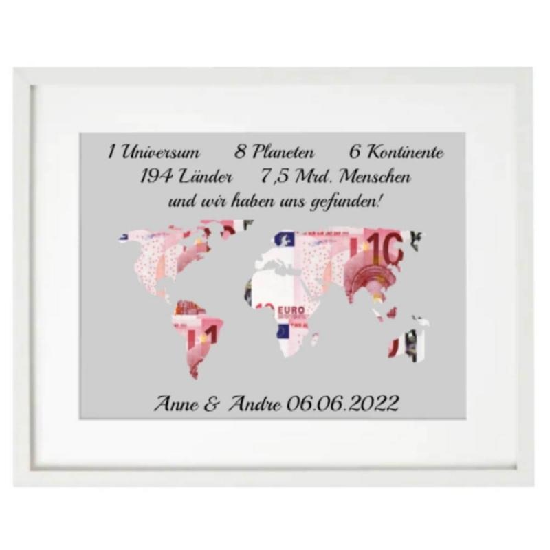 Geldgeschenk zur Hochzeit mit Spruch: 1 Universum, 8 Planeten... mit Personalisierung, originelle Geld Geschenkverpackung für eine Hochzeit, Größe: ca. 32cm x 42cm