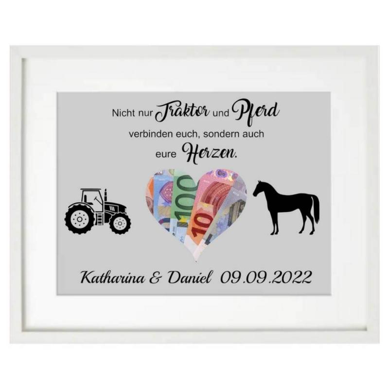 Geldgeschenk zur Hochzeit, Traktor und Pferd mit Personalisierung, originelle Geld Geschenkverpackung für eine Hochzeit, Größe: ca. 32cm x 42cm