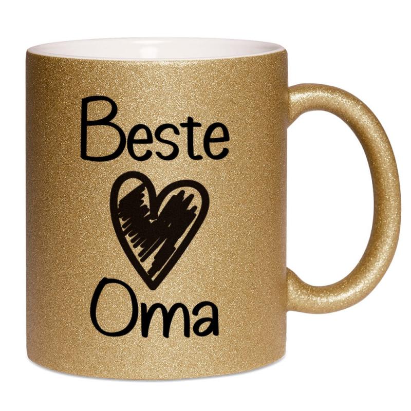 Glitzertasse mit Spruch Beste Oma, Füllmenge ca. 330 ml, Handspülung empfohlen, Druck beidseitig,  Beispiel gold