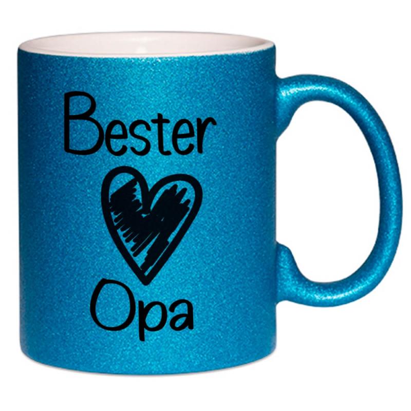Glitzertasse mit Spruch Bester Opa, Handwäsche empfohlen, Druck beidseitig, Füllmenge ca. 330 ml, Beispiel blau