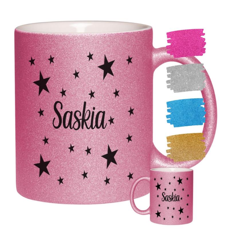 Glitzertasse mit Name und Sterne, Füllvolumen: ca. 330ml, 4 verschiedene Glitzerfarben. Farbe: pink
