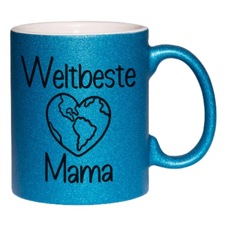 Glitzertasse Weltbeste Mama mit Herz, beidseitiger Druck, ca. 330 ml Füllmenge, Handwäsche empfohlen, Beispiel blau