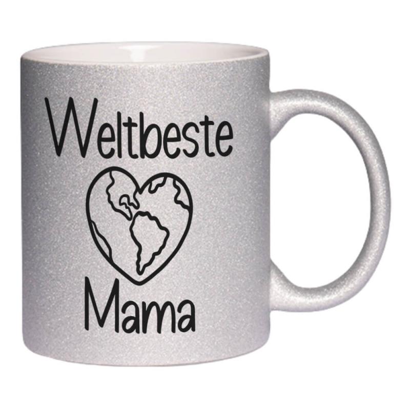 Glitzertasse Weltbeste Mama mit Herz, beidseitiger Druck, ca. 330 ml Füllmenge, Handwäsche empfohlen, Beispiel silber