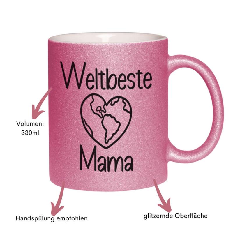 Glitzertasse Weltbeste Mama mit Herz, beidseitiger Druck, ca. 330 ml Füllmenge, Handwäsche empfohlen, Besonderheiten pink