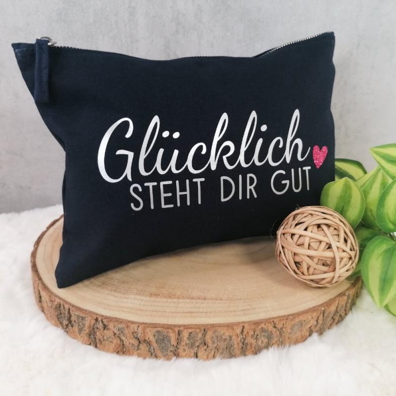 Kosmetiktasche, Kulturtasche mit Spruch Glücklich steht dir gut, wahlweise in dunkelblau oder schwarz, Größe L