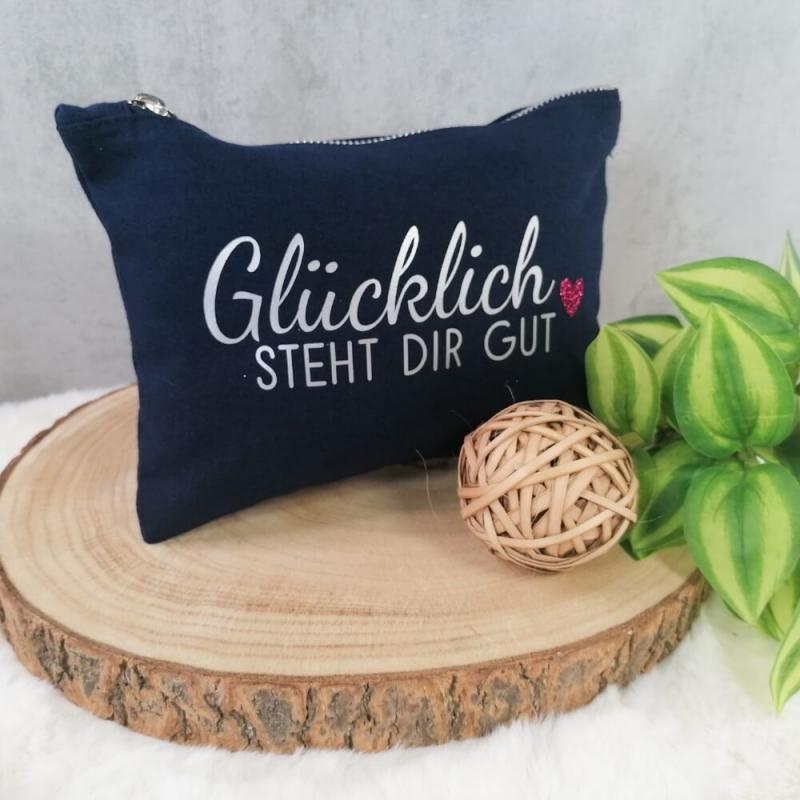 Kosmetiktasche, Kulturtasche mit Spruch Glücklich steht dir gut, wahlweise in dunkelblau oder schwarz, Größe M