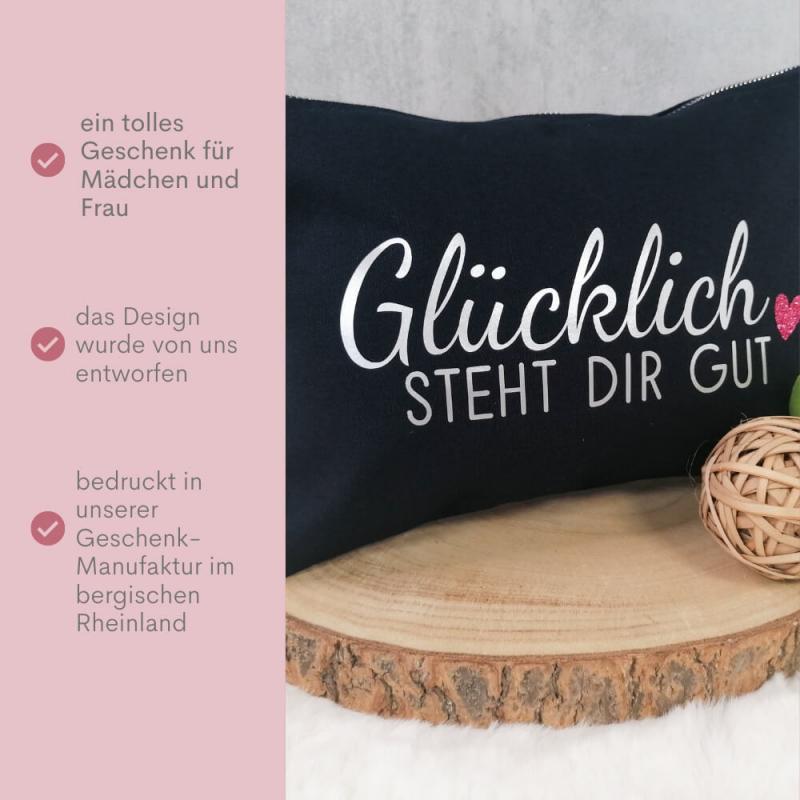 Kosmetiktasche, Kulturtasche mit Spruch Glücklich steht dir gut, wahlweise in dunkelblau oder schwarz, in 2 Größen erhältlich, Produktbild