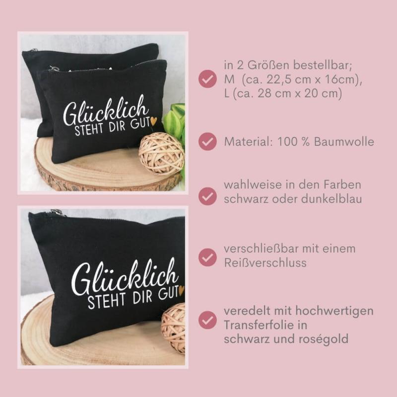 Kosmetiktasche, Kulturtasche mit Spruch Glücklich steht dir gut mit Rosé goldenes Herz, wahlweise in dunkelblau oder schwarz, Besonderheiten
