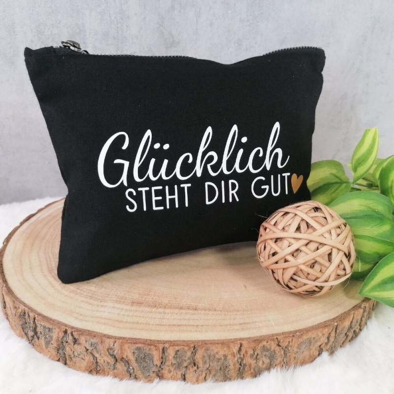 Kosmetiktasche, Kulturtasche mit Spruch Glücklich steht dir gut mit Rosé goldenes Herz, wahlweise in dunkelblau oder schwarz, Größe M