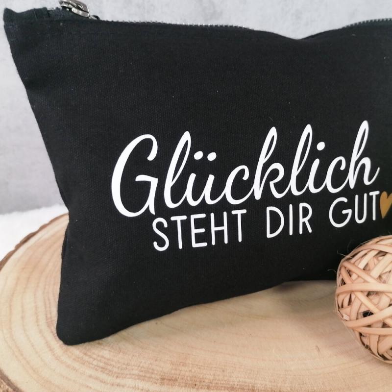 Kosmetiktasche, Kulturtasche mit Spruch Glücklich steht dir gut mit Rosé goldenes Herz, wahlweise in dunkelblau oder schwarz, Größe L