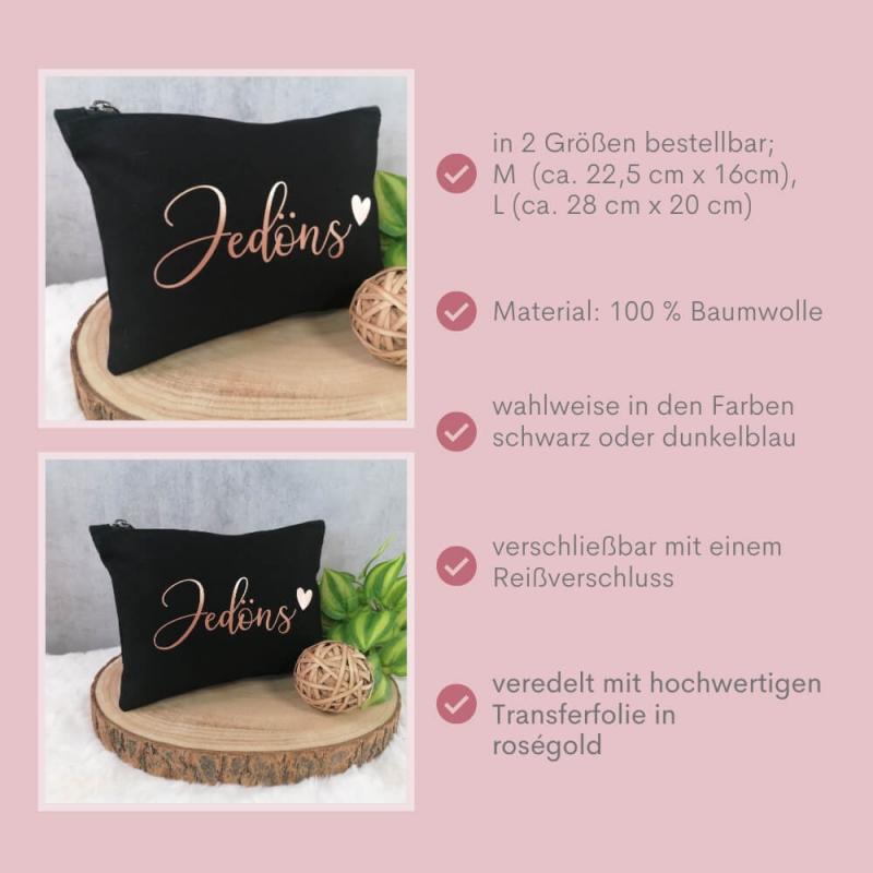 Kosmetiktasche, Kulturtasche mit Schriftzug Jedöns, wahlweise in dunkelblau oder schwarz, mit rosegoldene oder silberne Schrift, Vorschaubild rosegold, Besonderheiten
