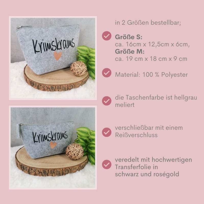 Kosmetiktasche aus Filz, Kulturtasche Krimskrams mit Rosé goldenes Herz, hellgrau meliert, Besonderheiten
