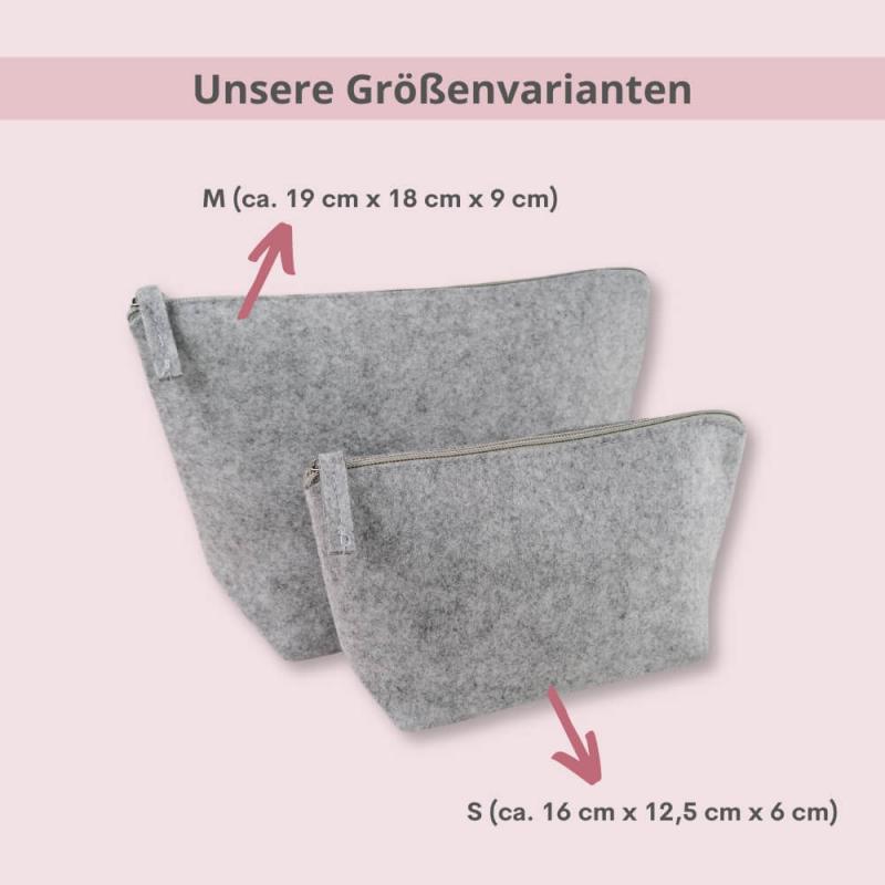 Kosmetiktasche aus Filz, Kulturtasche Krimskrams mit Rosé goldenes Herz, hellgrau meliert, Größenvarianten
