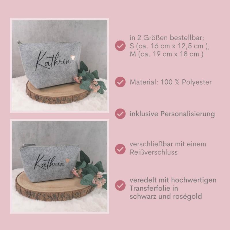 Personalisierte Kosmetiktasche aus Filz, Kulturtasche mit Wunschname und einem Rosé goldenes Herz, hellgrau meliert, in 2 Größen erhältlich, Besonderheiten